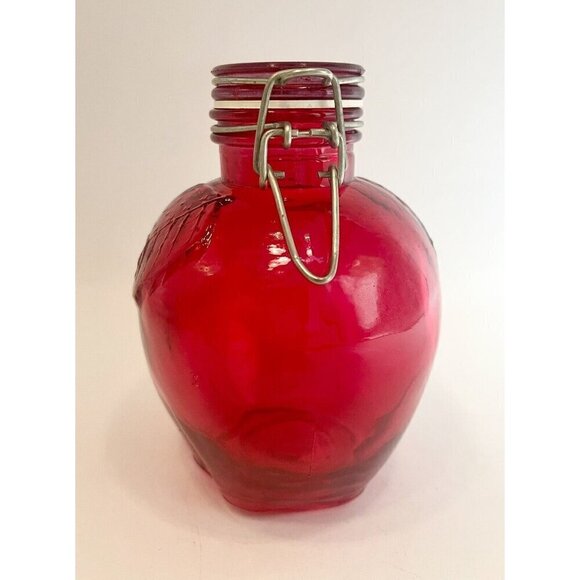 Cherry Red Glass Apple Canister 5.5” Jar with Wire Bail Lid Food Storage Craft - Picture 3 of 10